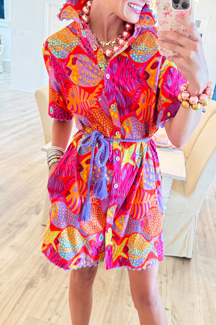 Red Fish Print Scallop Trim Dress