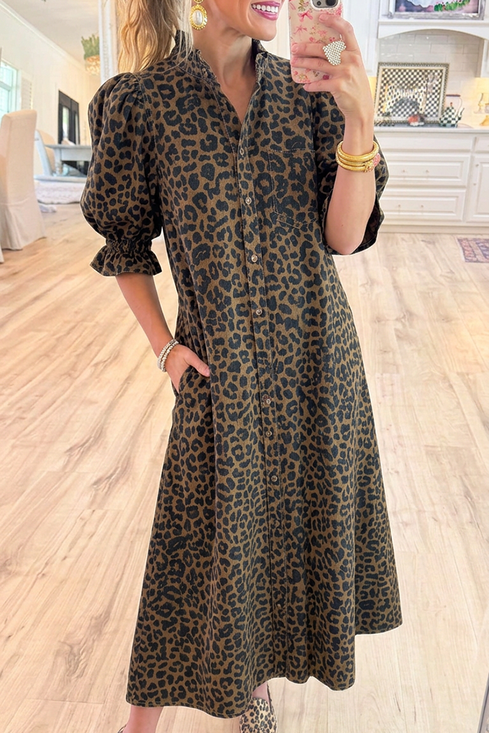 Denim Leopard Puff Short Sleeve Ruffle Cuff Maxi Dress