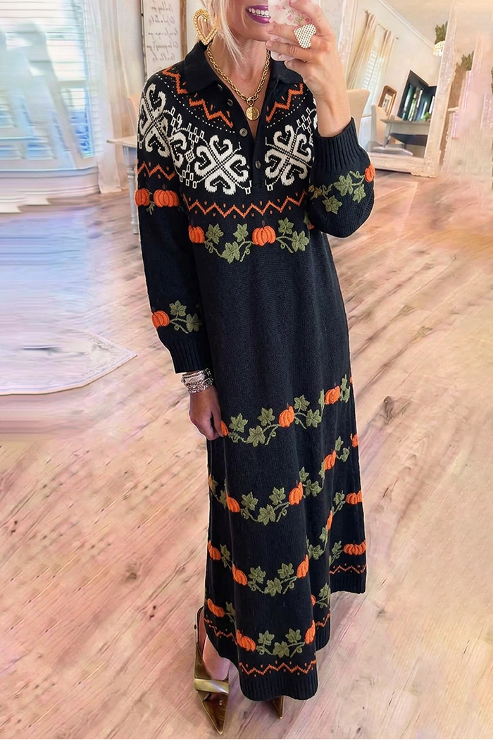 Polo Collar Pumpkin Jacquard Maxi Sweater Dress