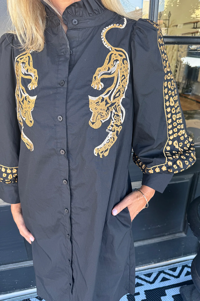 Black Ruffle Collar Balloon Sleeve Cheetah Dress
