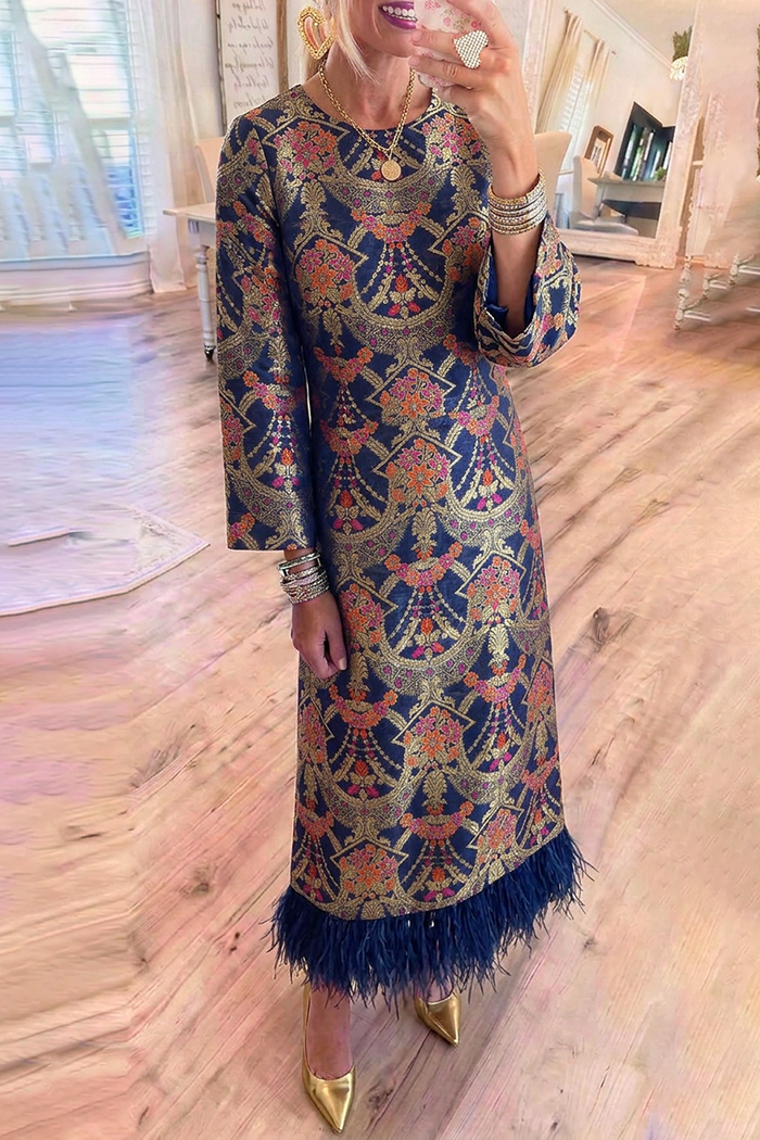 Navy Multi Baroque Floral Jacquard Round Neck Feather Hem Pockets Maxi Dress