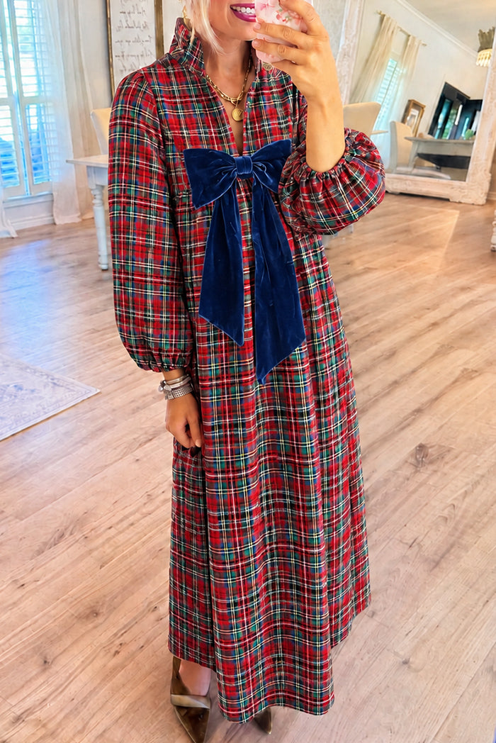 Red Tartan Plaid Navy Bow Maxi Dress