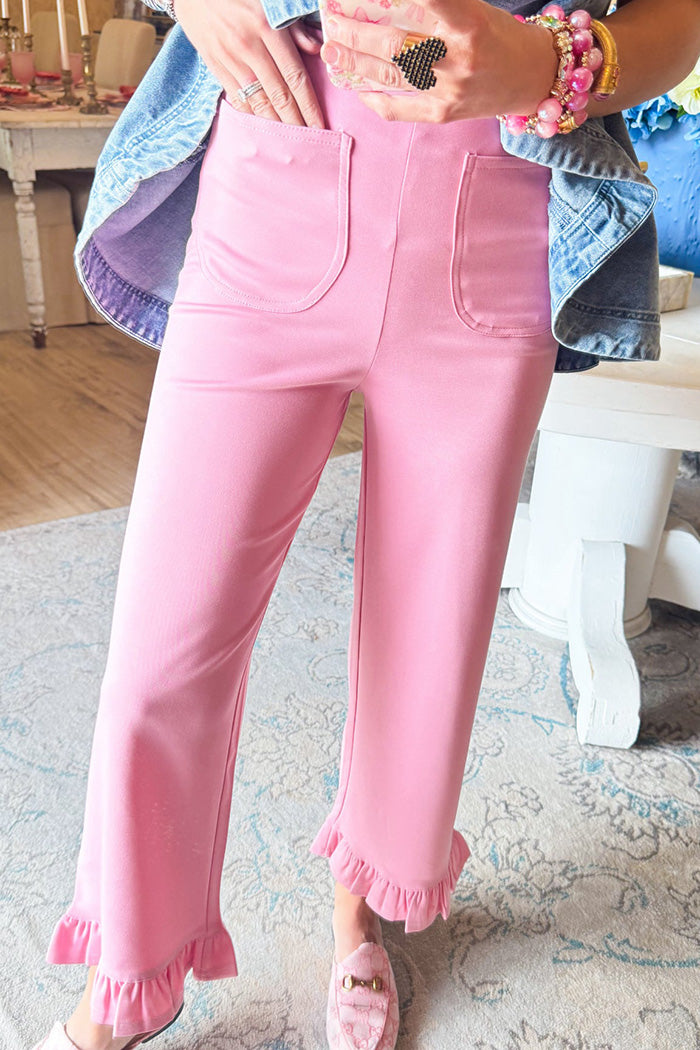 Pocketed Pink Ruffle Hem Pants