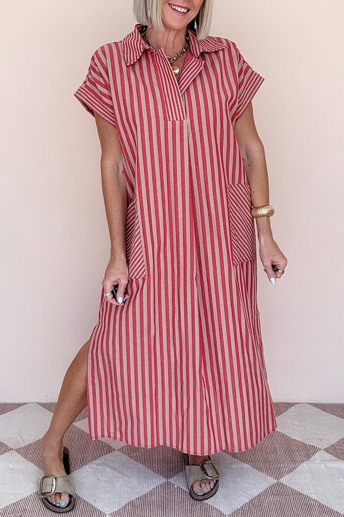 Notched Collar Striped Kaftan Pocket Midi Dress