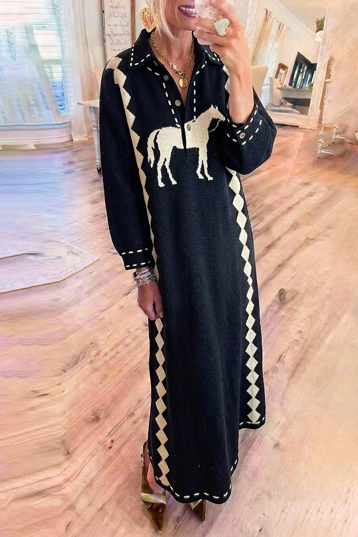 Black Collared Horse Diamond Motif Contrast Stitch Long Sleeve Knit Maxi Dress