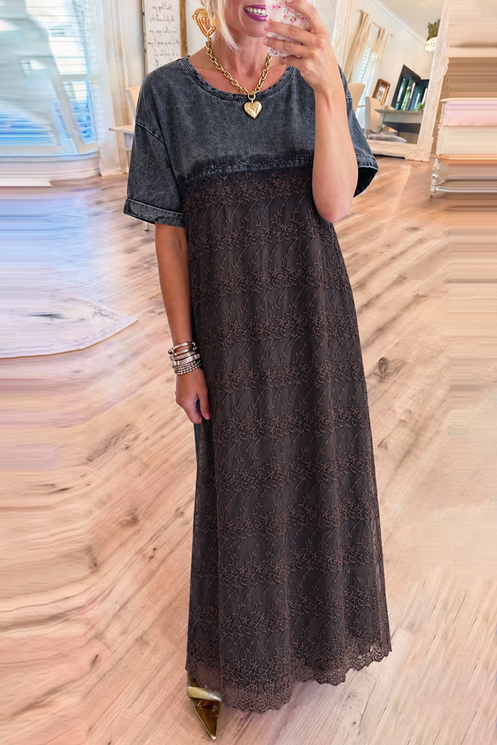 Denim Lace Patchwork Pockets Maxi Dress