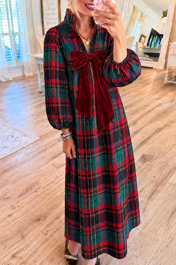 Velvet Bow Plaid Pocket Maxi Dress