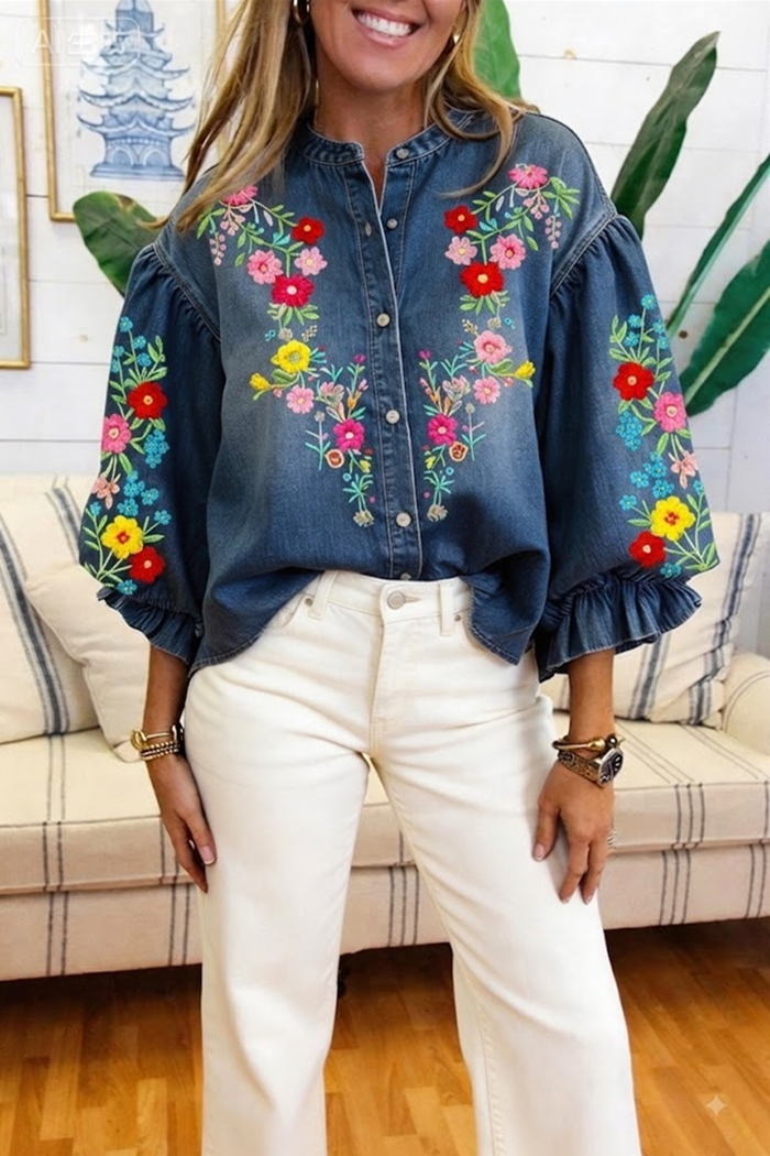 Denim Balloon Sleeve Floral Embroidery Top