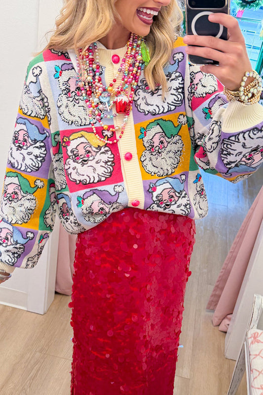 Colorblock Santa Print Rhinestone Cardigan