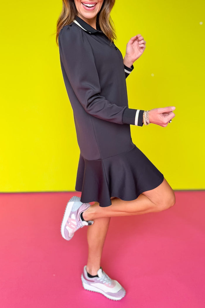 Drop Waist Collared Long Sleeve Dress