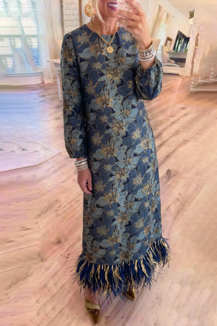 Metallic Floral Jacquard Bubble Long Sleeves Feather Fringe Maxi Dress