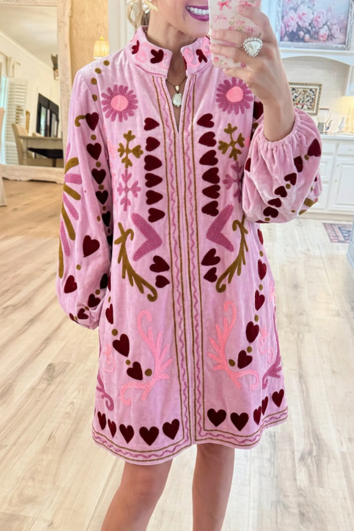 Velvet Floral Embroidered Stand Collar Pocket Dress