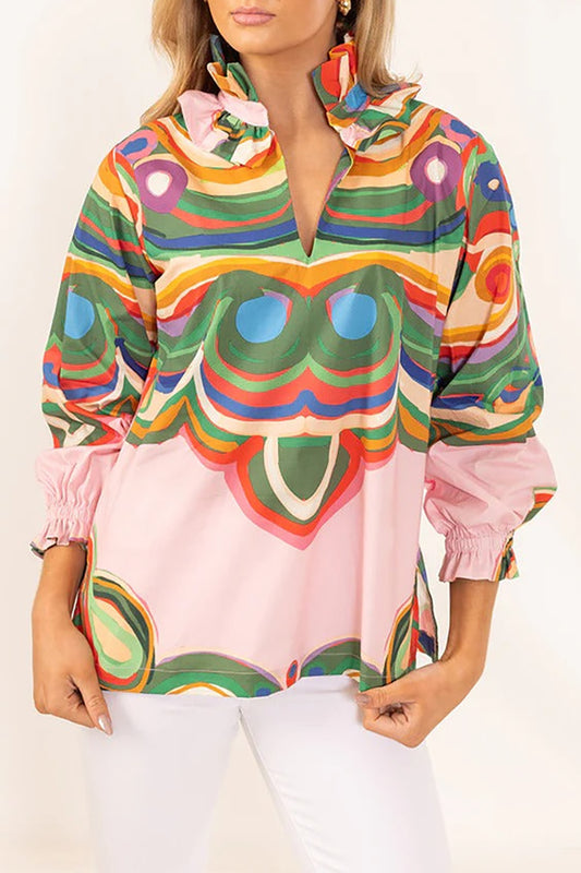Casual Print Double Ruffle Collar Top