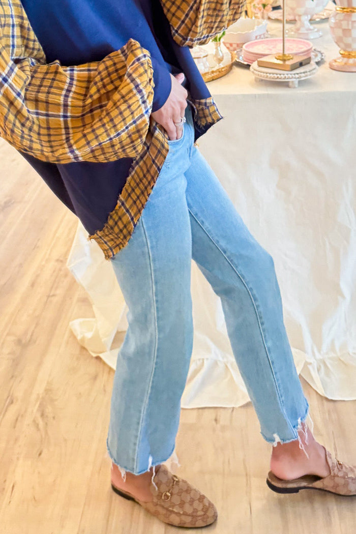 Light Blue Denim Flare Frayed Hem Pants
