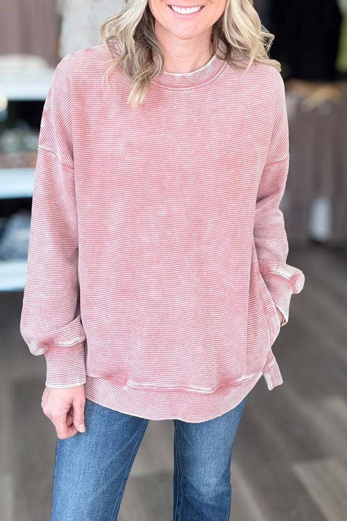 Casual Washed Ribbed Long Sleeved Hi Low Pullover Sweatshirt