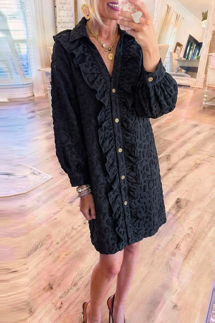 Black Textured Fabric Ruffle Placket Shirt Dress