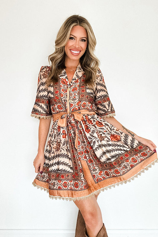 V-Neck Button Puff Sleeve Pocket Shirt Dress