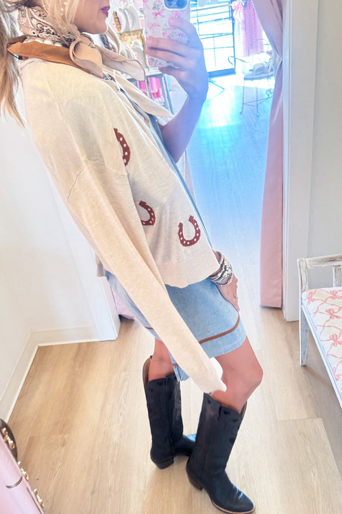 Taupe Horseshoe Print Crew Neck Button Front Cardigan