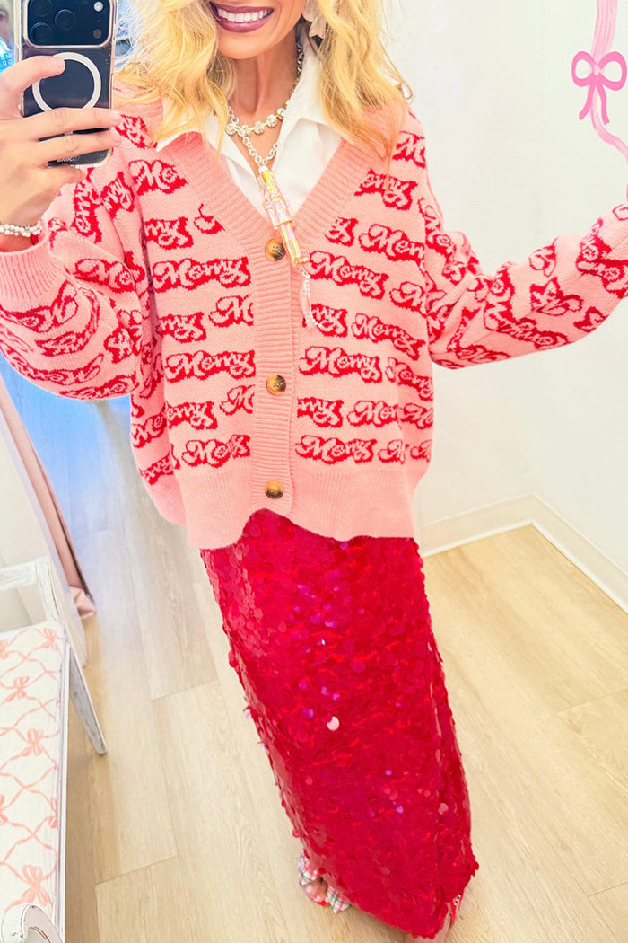 Pink Merry Pattern Long Sleeve Cardigan