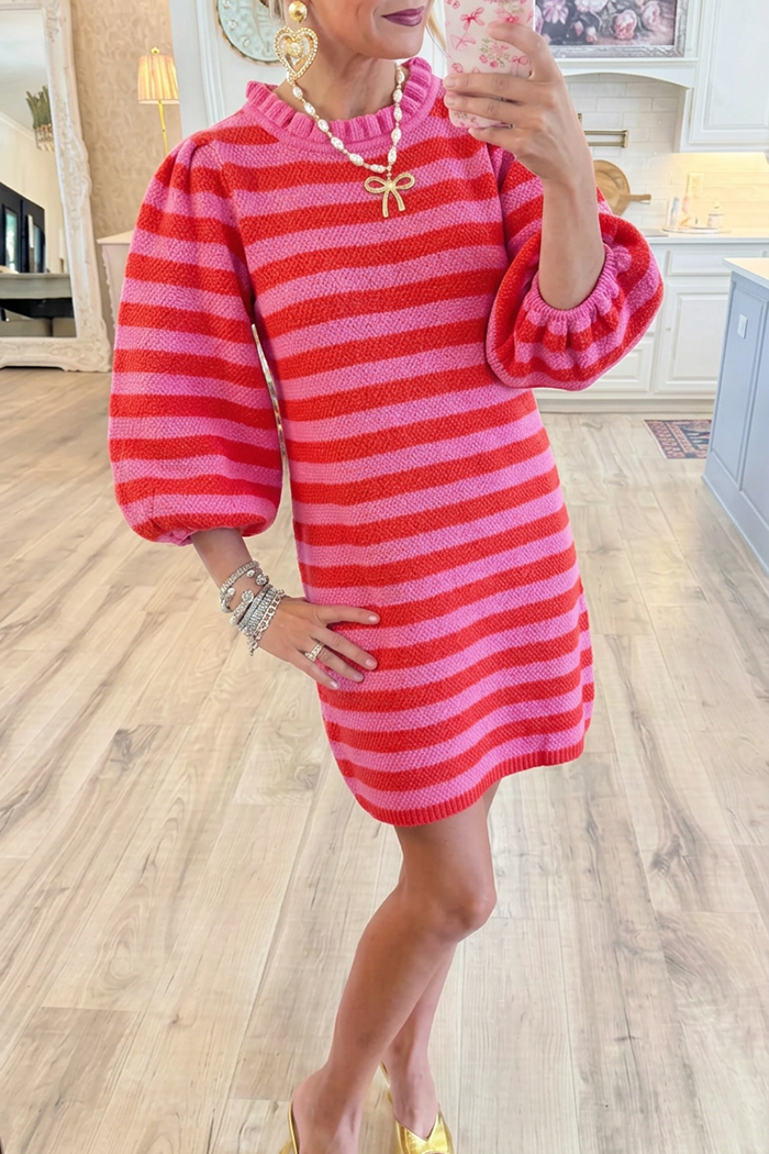 Stripe Knit Ruffle Neck Balloon Sleeve Dress