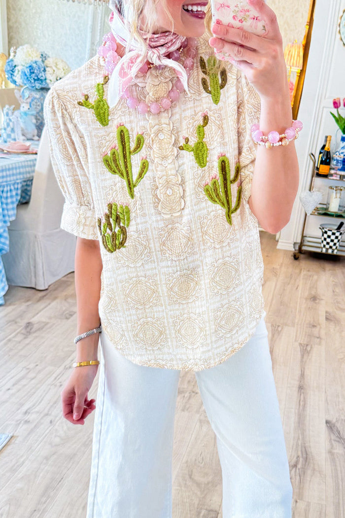 Casual Embroidered Cactus Top