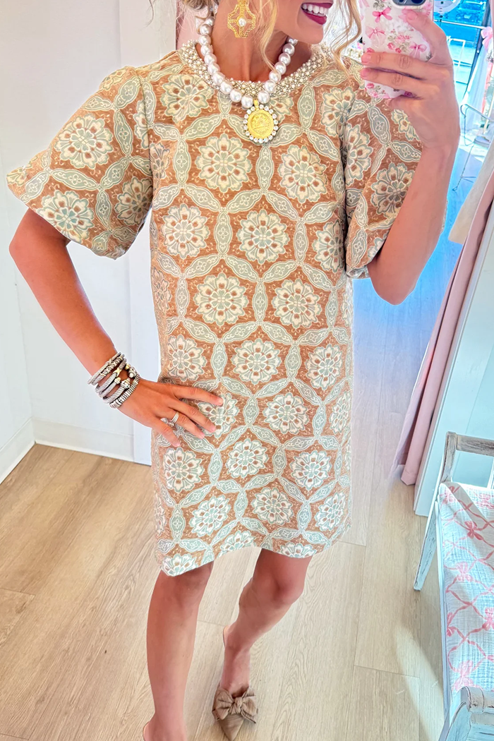 Taupe Geometric Velvet Jacquard Puff Sleeve Dress