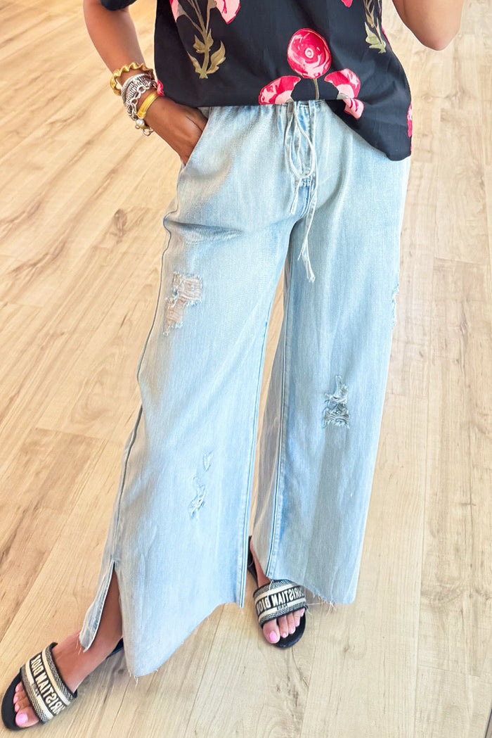 Denim Distressed Wide Leg Pants