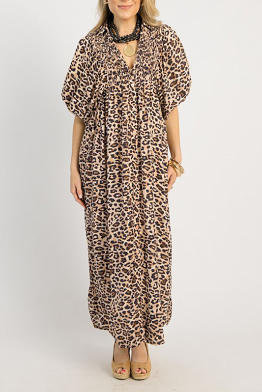 Leopard Faux Buttons Elastic Sleeve Dress