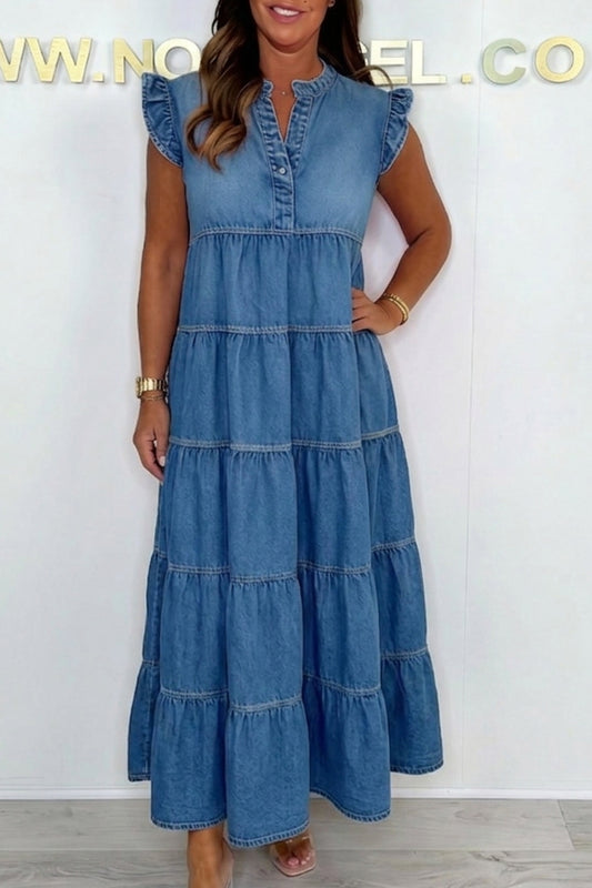 Tiered Ruffle Denim Maxi Dress