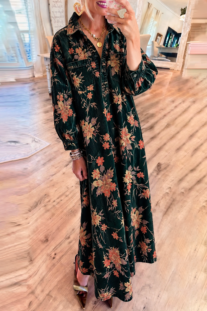 Forest Green Floral Pockets Denim Maxi Dress