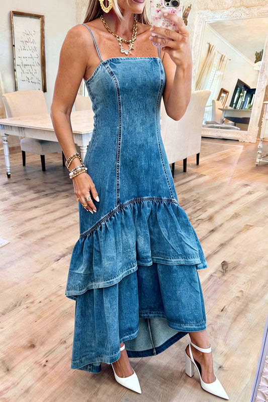 Spaghetti Strap Tiered Ruffle Denim Dress