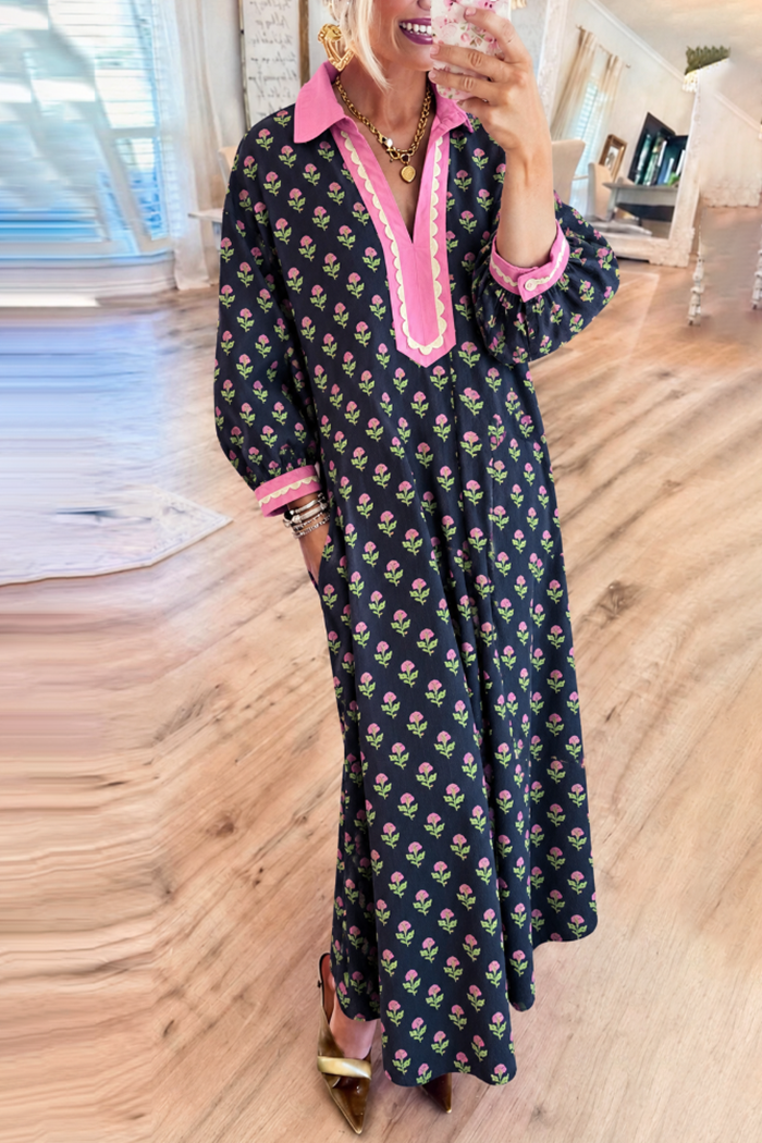 Navy Floral Pink Collared Pocket Maxi Dress