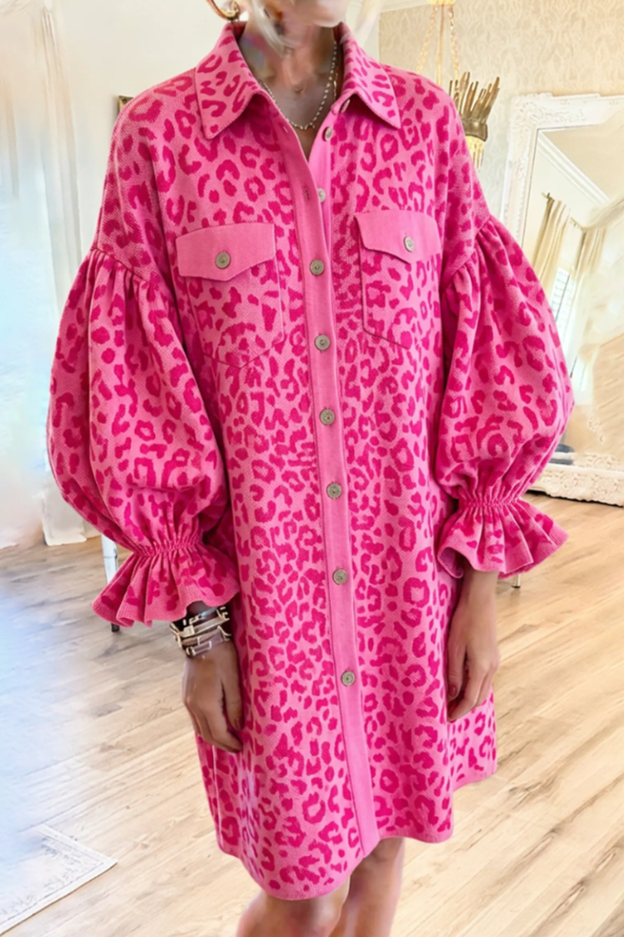 Pink Leopard Print Collared Button Pocket Dress
