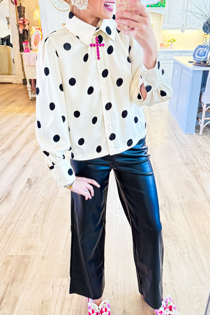 Polka Dot Satin Button Up Top