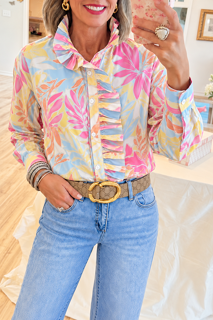 Casual Colorful Botanical Print Ruffle Shirt