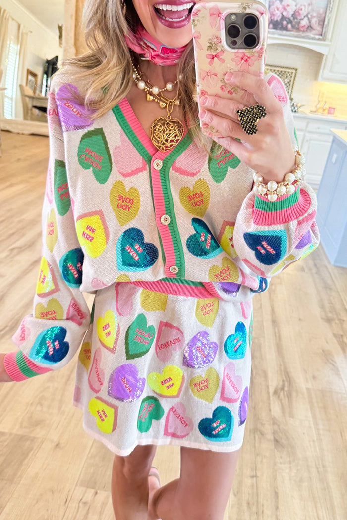 Heart Print Button Up Cardigan Set
