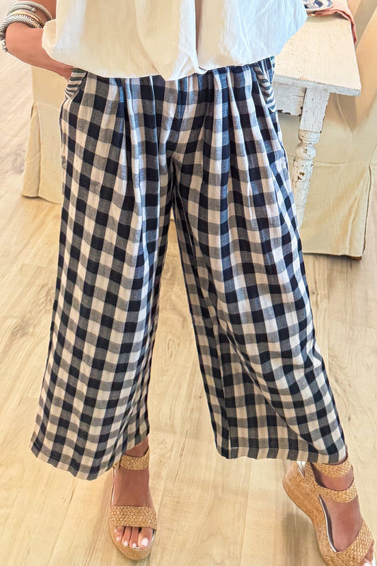 Black And Taupe Check Wide Leg Pants
