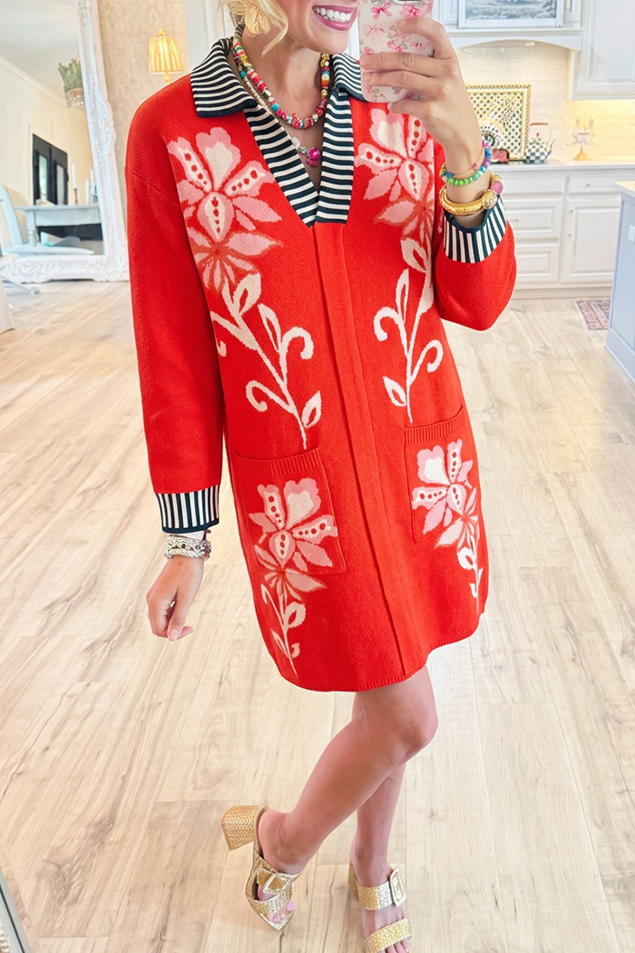 Casual Floral Jacquard Knit Mini Dress