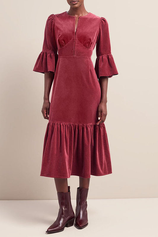 Corduroy Pleated Trumpet Sleeves Dress