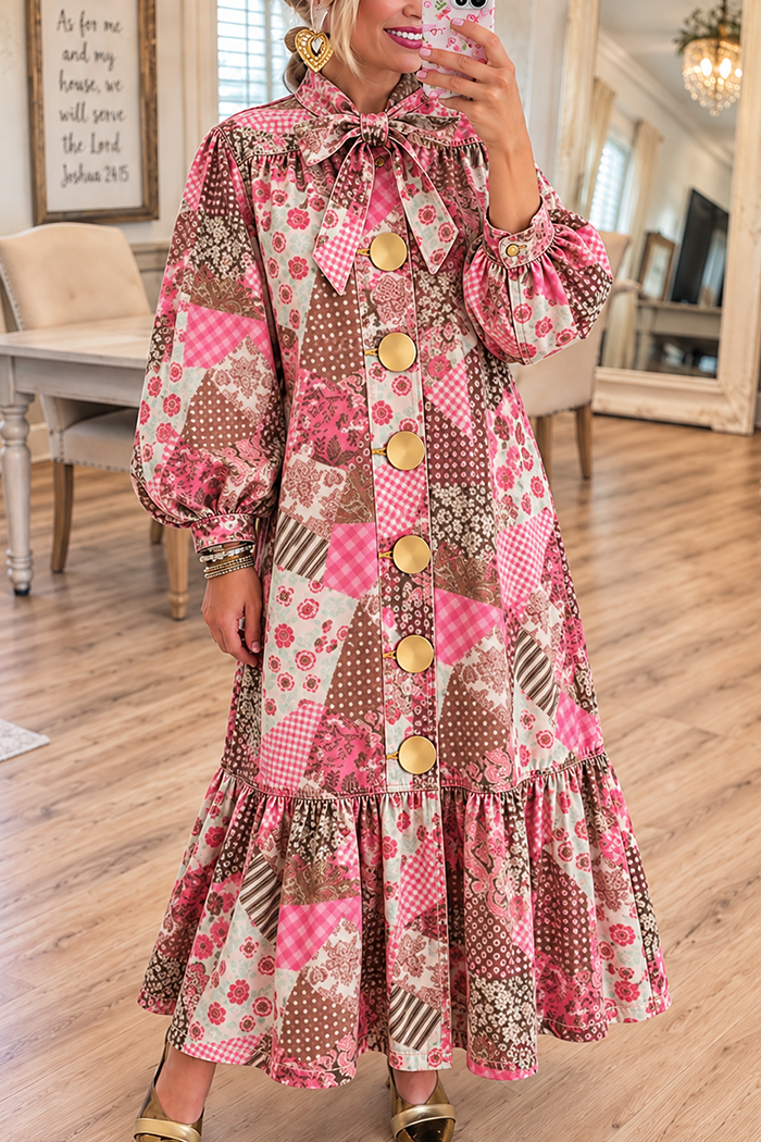 Patchwork Bow Neck Big Button Ruffle Maxi Dress