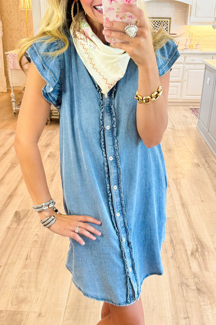 Pocketed Ruffle Button Down Mini Dress