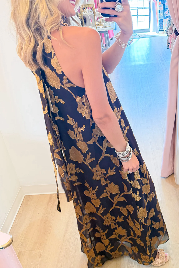 Brown And Gold Metallic Floral Maxi Dress