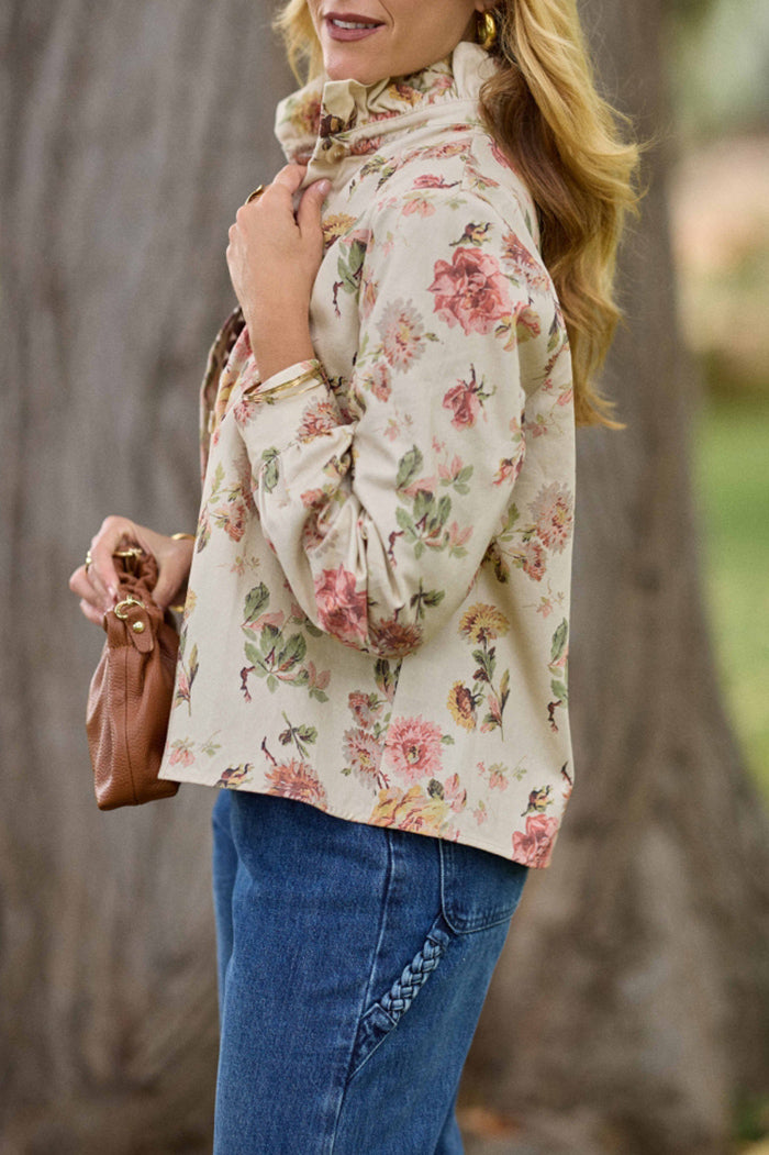 Beige Floral Ruffle Collar Jacket