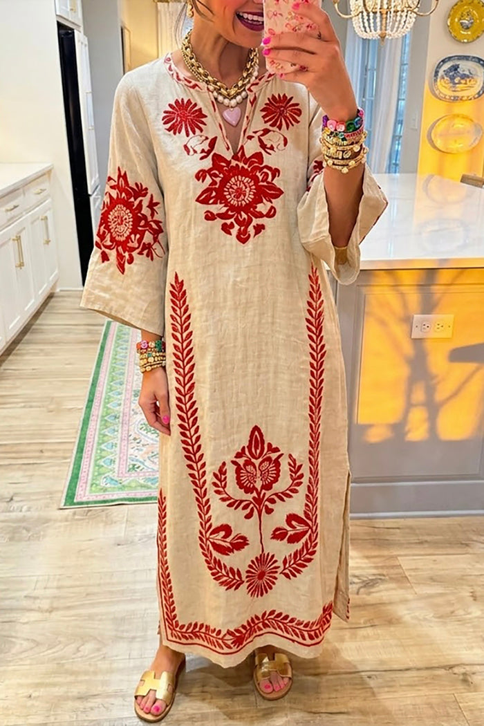 Boho Floral Side Slit Three Quarter Sleeve Maxi Dress