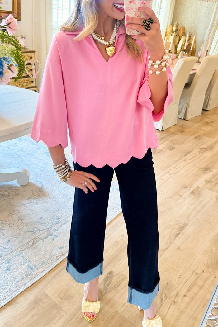Flare Sleeve Scalloped Top