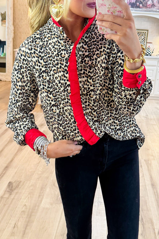 Leopard and Red Ruffle Long Sleeve Top