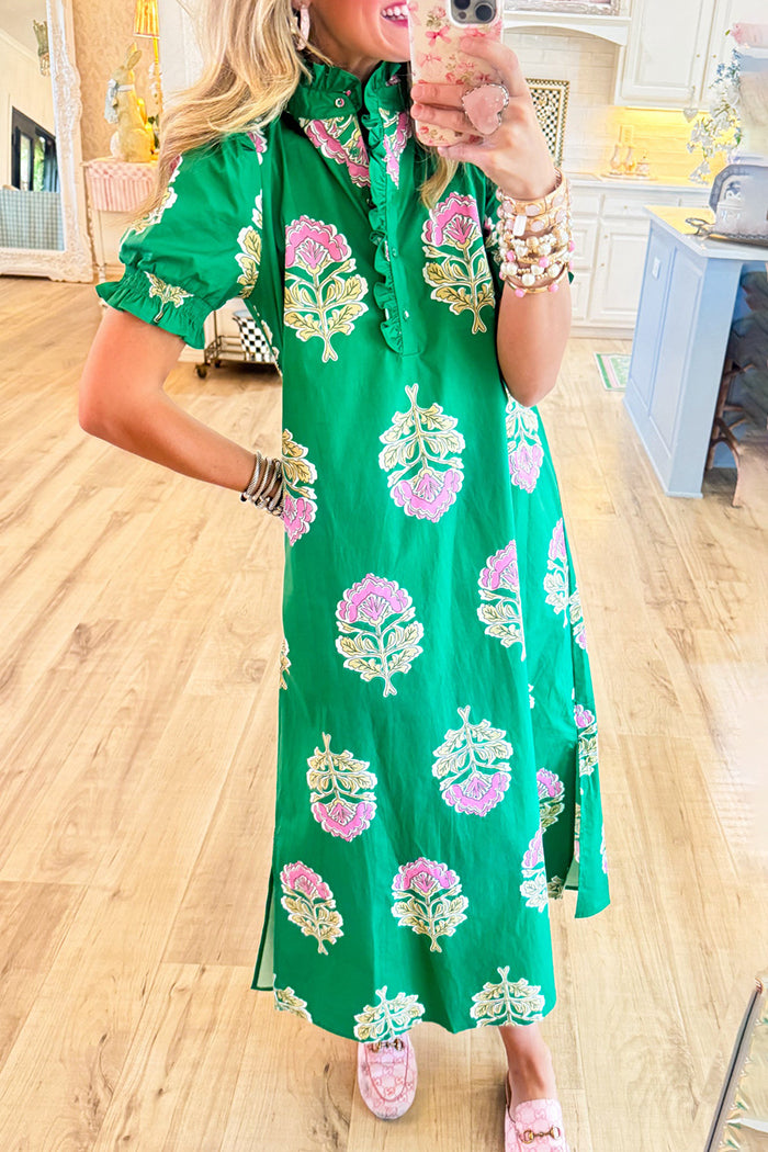 Floral Ruffle Stand Collar Dress