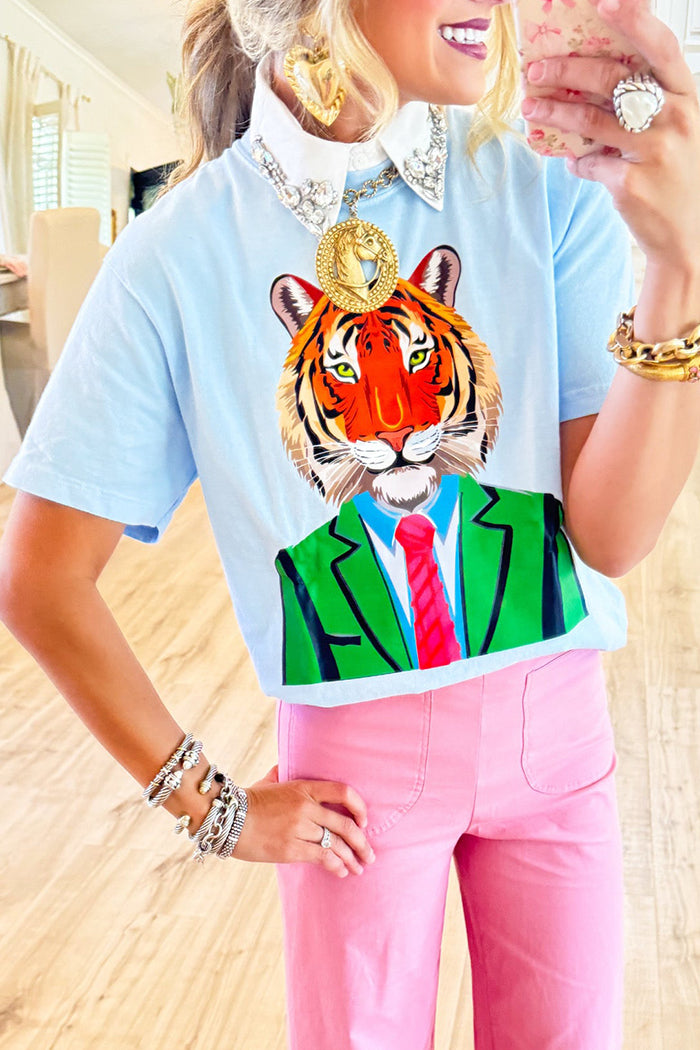 Casual Blue Easy Tiger Graphic Tee