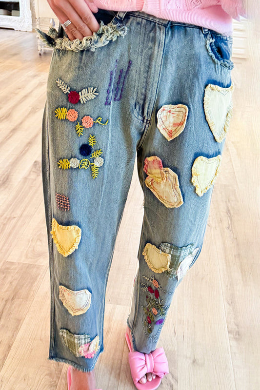 Denim Heart Patchwork Pants
