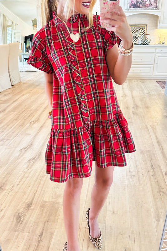 Red Plaid Frilled Neck Mini Dress
